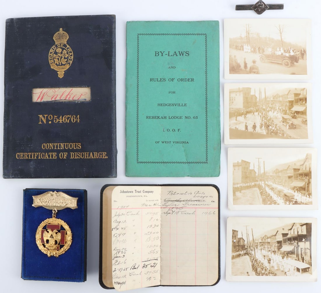 MASONIC SEAMAN PAPERS SECRET SOCIETY DOCUMENT LOT: Able body British Seaman certificate, he sailed on several ships later sunk by German U-boats, Massachusetts Masonic jewel, Masonic brooch, Secret society photographs, bank book and more.