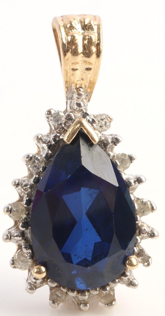 14KT GOLD DIAMOND SAPPHIRE PARURE SET: All marked and tested 14kt yellow gold. Set includes pendant featuring approx. 12 x 8 tear drop faceted Sapphire with diamond halo, size 6 3/4 gold band engraved E.J.D to M.M.T Sept. 6th, 1916 with 1m