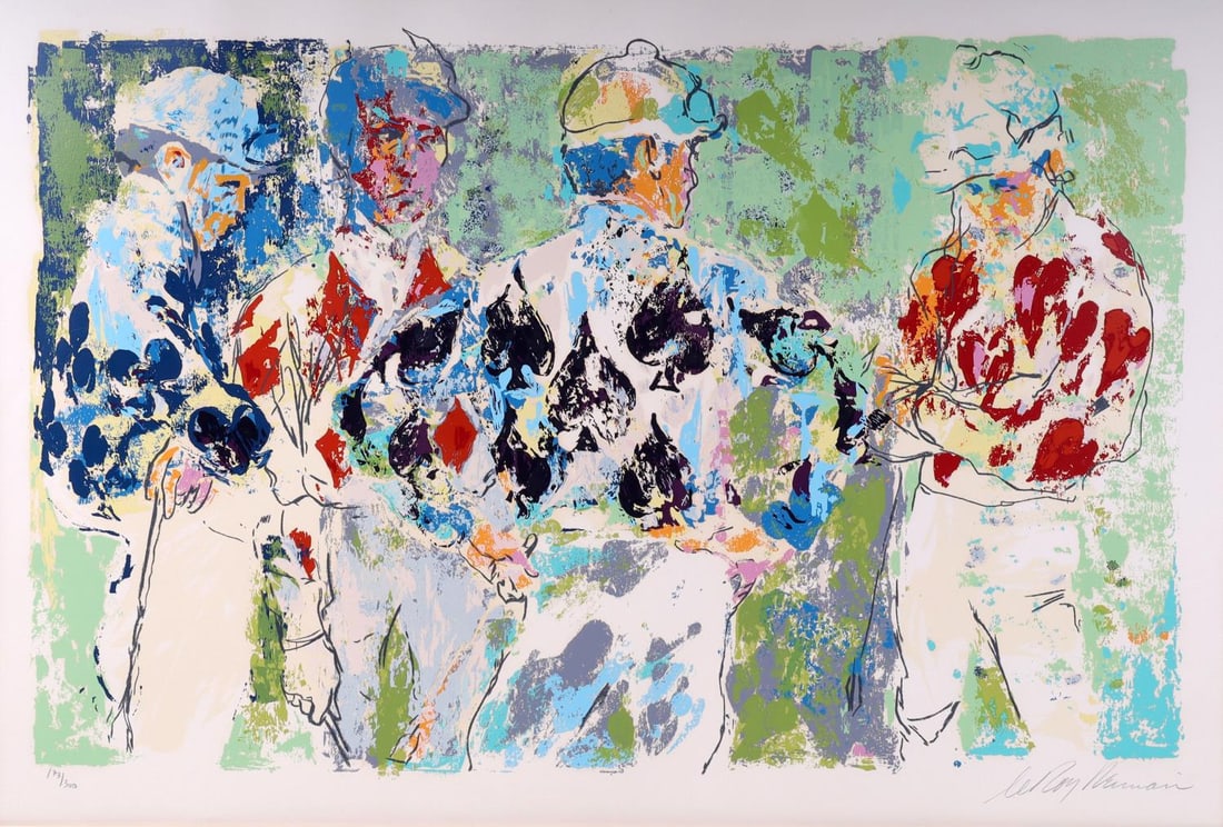 LEROY NEUMAN 1974 LE SIGNED SERIGRAPH 4 JOCKEYS: Limited Edition, hand signed and numbered 173/300 Serigraph by LeRoy Neiman ( born LeRoy Leslie Runquist, June 8, 1921 – June 20, 2012) American, known for his boldly colored, expressionist painting