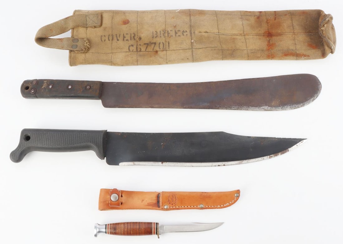 KA BAR 1228 COLD STEEL BOWIE WW2 MACHETE KNIFE LOT: Cold Steel 12 inch blade is new but has light surface rust on edge, the Ka-Bar 1228 , WWII British broad Arrow stamped is used.