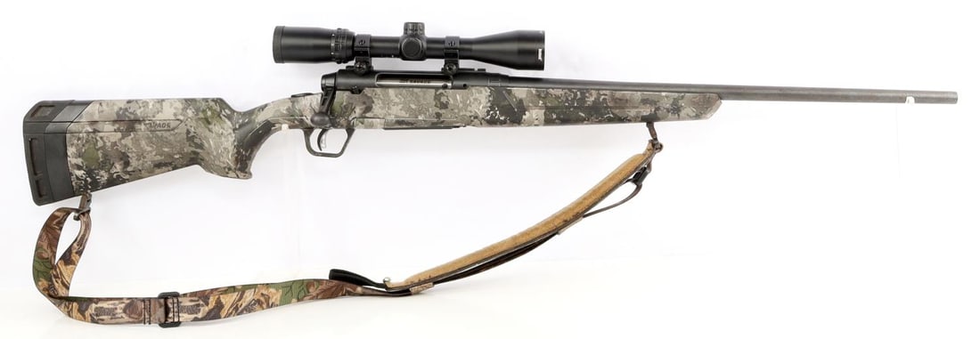 SAVAGE ARMS MODEL AXIS .308 WIN BOLT ACTION RIFLE: Savage Arms Model Axis, .308 WIN, bolt action rifle with scope. Left side of barrel features the maker, model, caliber, and location. Bolt is marked SAVAGE, slides and locks properly. Magazine fed wit