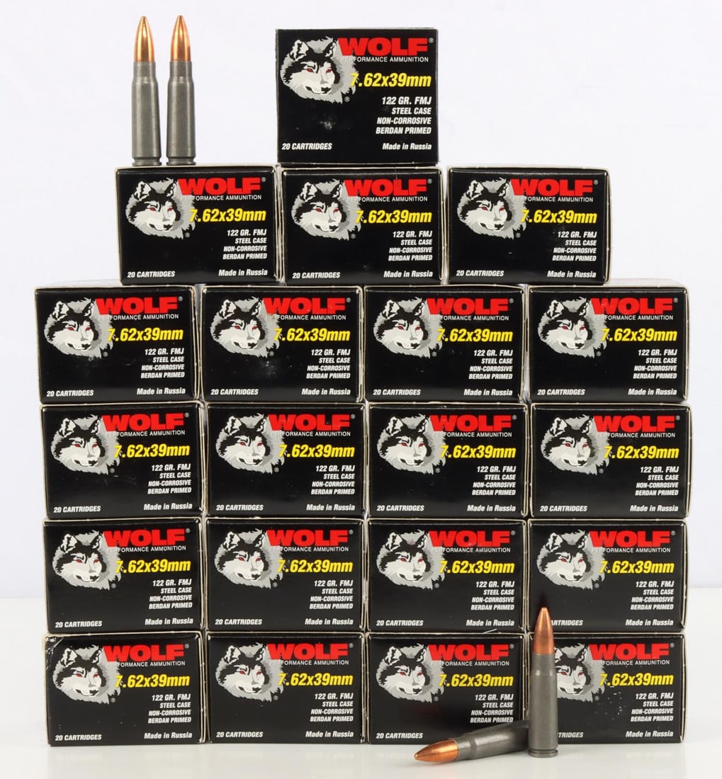 WOLF 7.62x39 MM 122 GR FMJ STEEL CASE 500 ROUNDS: Wolf 7.62 X 39 mm 122 grain FMJ steel case ammunition.