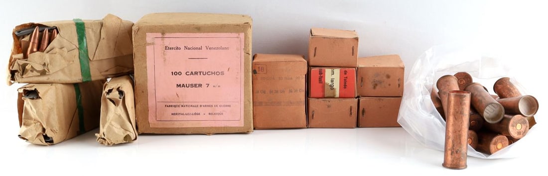 LOT OF AMMUNITION TOTAL 335 ROUNDS2 9MM 7MM 7.62: 125 Rounds of Spanish 9mm Largo in the box. 25 Copper 12 gauge shotgun shells. Venezuelan Mauser 7MM 100 rounds in the box. Czech 7.62x39mm M43 Ball 60 rounds with clips. 1 box of Ball 5.56 X 45 mm am