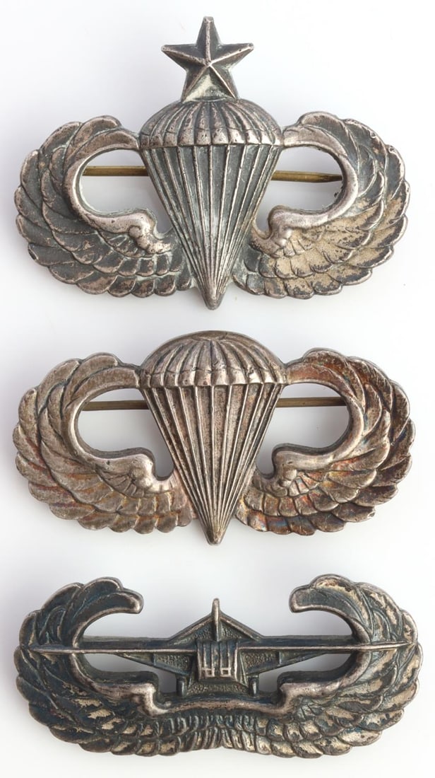 3 WWII UNITED STATES AAF STERLING SILVER WINGS: Three WWII United States Army Air Force sterling silver wings. One jump wing, one senior jump wing, and one glider qualification wing. All marked sterling to the reverse with horizontal pins. Very goo