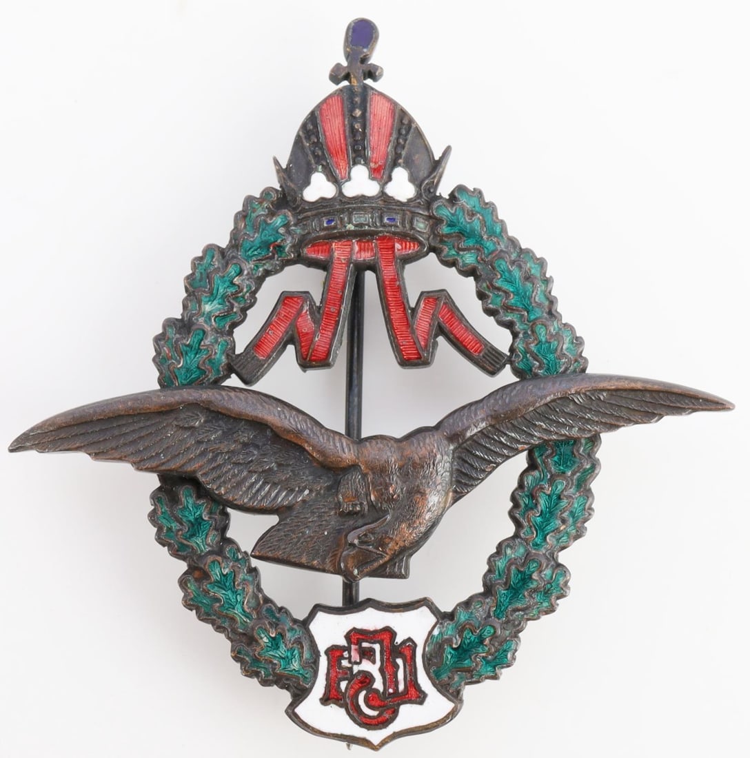 WWI AUSTRIAN EMPIRE FIELD PILOT ENAMELED BADGE: WWI Austrian empire badge for field pilot. Badge is enameled. Marked " J.Zimbler Wien. VII." . Very good condition. Measures 2 3/8 inches.