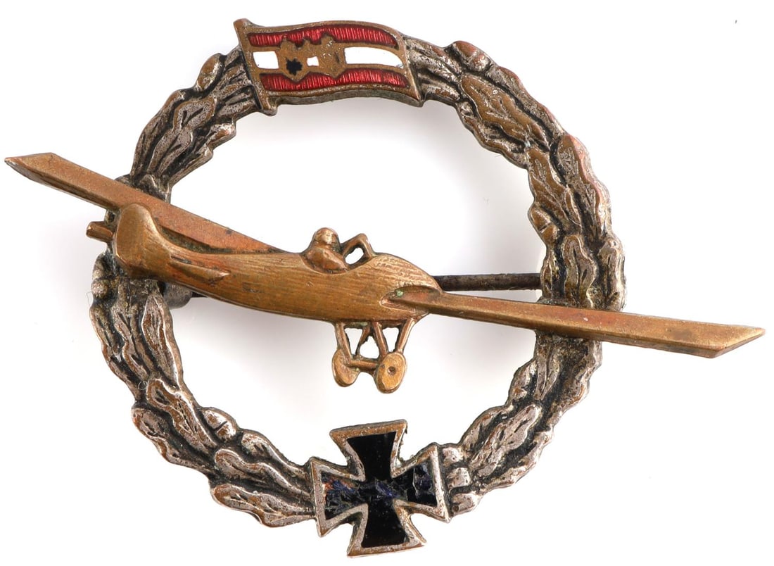 AUSTRIA HUNGARY WWI KUKLFT ROYAL AVIATION BADGE: Rare cap badge for Imperial Royal Aviation Troops. Measures 1 inch. Pin has been soldered closed. Very good condition.