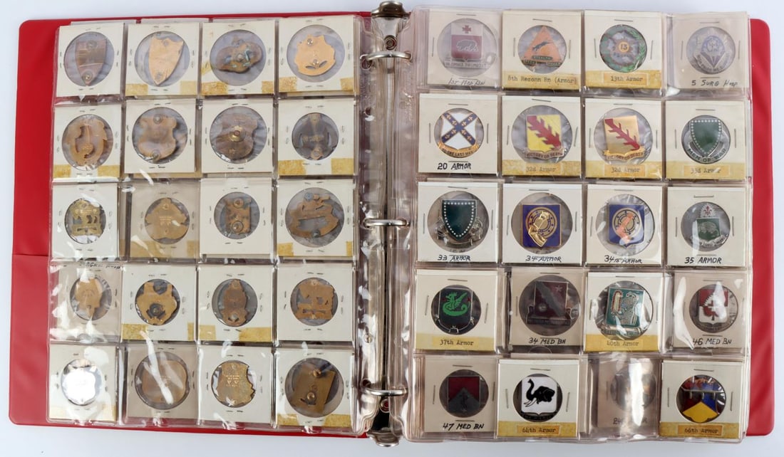 200 + WWII VIETNAM DUI DISTINCTIVE UNIT INSIGNIA: All have pins removed, so they are flat in binder, include Armor, Cavalry, military Police, Medical, MEDDAC, medical.