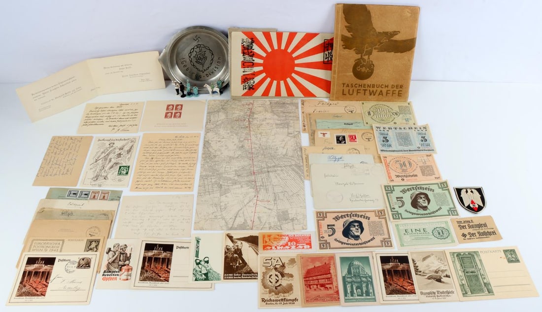 WWII GERMAN THIRD REICH FELDPOST EPHEMERA LETTERS: Post cards, letters, map, toy soldiers, stamps, Luftwaffe cigarette card book, German Script and more.