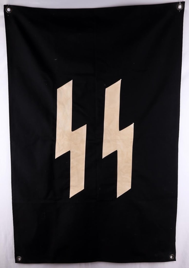 WWII GERMAN THIRD REICH SS ID BANNER FLAG: Non-fluorescing. Single-sided. Measures 45 1/2 X 30 1/2 inches. Very good condition. This lot has a reserve.