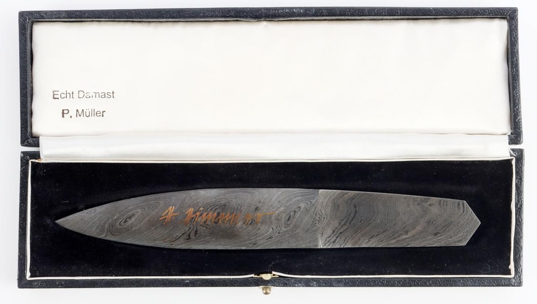 WWII GERMAN THIRD REICH DAMASCUS LETTER OPENER: Gold engraved H. Himmler signature and the other with SS runes and echt Damast P. Muller. Comes in a fitted black case. Measures 6 5/8 inches. These are thought to have been made by Colonel Attwodd in