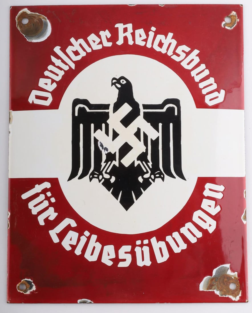 WWII GERMAN REICH DRL SPORTS ASSOCIATION SIGN: WWII German Reich DRL(Deutscher Reichsbund fur Leibesubungen) Sports Association Enameled Street sign. Sign reads, "Deutscher Reichsbund fur Leibesubungen", which translates to, "German Reich Associat