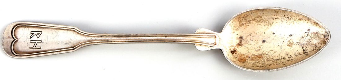 WWII GERMAN REYNHARD HEYDRICH 800 SILVER SPOON: Stamped .800 silver, RH monogram, measures 6 1/4 inches.