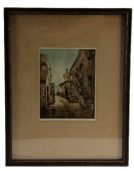 FRAMED & SIGNED JOHN TAYLOR ARMS COLORED ETCHING: John Taylor Arms (American, 1887-1951) colored etching "The Quiet Street." Signed "John Taylor Arms." Frame measures 19 by 15 by 1 inches, print measures 9 by 7 inches. Slight foxing, some discolorati