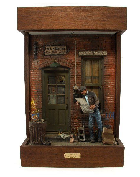 MICHAEL GARMIN ILLUMINATED DIORAMA MORNIN' LINE: Hand-painted cityscape diorama "Mornin' Line" (1977) by Michael Garmin. Immensely detailed diorama set in 1976 in front of Leroy & Bertha's Bar & Grill. Complete with miniature Colorado Springs newspa