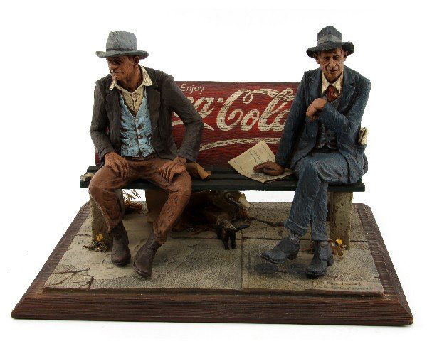 MICHAEL GARMIN DIORAMA SCULPTURE ORIGINAL BENCH: Hand-painted diorama "Original Bench" (1977) by Michael Garmin. Detailed diorama with miniature Marlborough pack, a bottle of Fratelli Lambrusco, spilled trash, and weeds growing through the sidewalk.