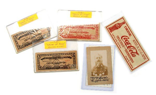 WM CODY AUTOGRAPH UCV ALABAMA COCA COLA CURRENCY: Collection consisting of an autographed W.M. Cody "Buffalo Bill " photo and postcard, no COA certainly a signature but possibly a Clerk signature "as is", also a United Confederate Veterans Montgomery