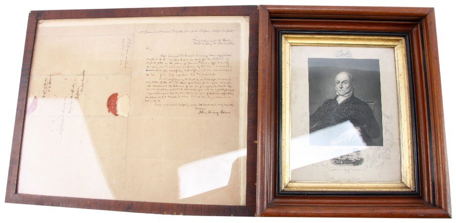 JOHN QUINCY ADAMS SIGNED LETTER AND ENGRAVING: John Quincy Adams (6th US President, 1825 - 1829), then Secretary of State, signed letter dated 22 March 1821 addressed to Jeremiah Sprague, Deputy Marshall of Boston, MA regarding the appointment of 
