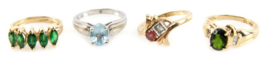 DEALERS LOT OF 14K MIXED GEMSTONE LADIES RINGS: Includes a .0625 cts. diamond and deep pink sapphire (4 mm) gold ring (3.6 g, size 6.5), a green diopside gold ring (3.6 g, size 6.25, 6 mm), an aquamarine white gold solitaire ring (3.6 g, size 6, 6 