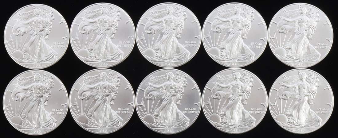 10 AMERICAN EAGLE 1 OZ SILVER COINS: Total of 10 troy ounces of brilliant uncirculated 1 ozt silver coins This lot has a reserve.
