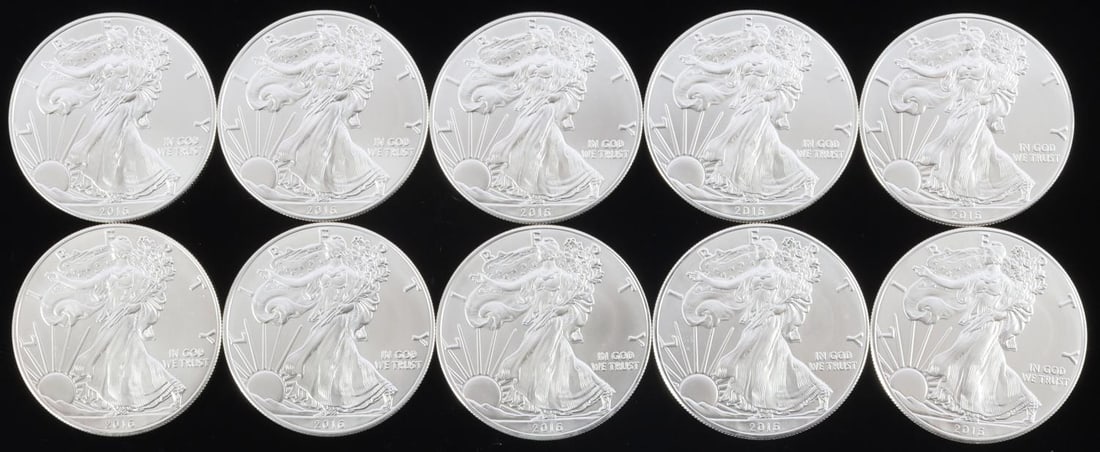 10 AMERICAN EAGLE 1 OZ SILVER COINS: Total of 10 troy ounces of brilliant uncirculated 1 ozt silver coins This lot has a reserve.