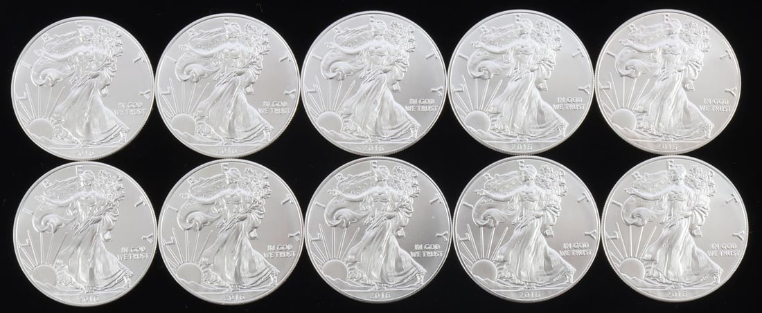 10 AMERICAN EAGLE 1 OZ SILVER COINS: Total of 10 troy ounces of brilliant uncirculated 1 ozt silver coins This lot has a reserve.