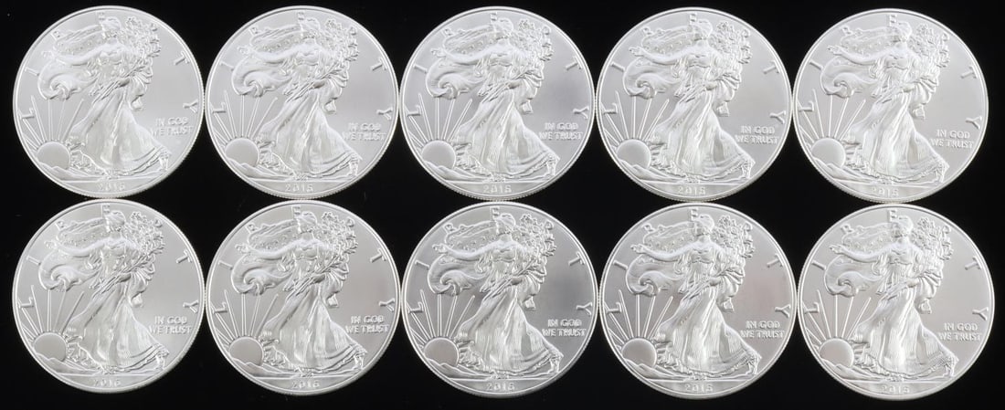 10 AMERICAN EAGLE 1 OZ SILVER COINS: Total of 10 troy ounces of brilliant uncirculated 1 ozt silver coins This lot has a reserve.