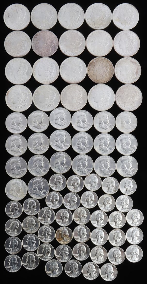 $1 MORGAN 50C & 25C BU SILVER COIN ROLL LOT FV $40: Brilliant uncirculated 90% silver coin lot includes 40 Washington quarters roll all dated 1960, 20 Morgan dollars roll dated 1921 (Philadelphia mint) and 20 Franklin half dollar roll dated 1963. This 