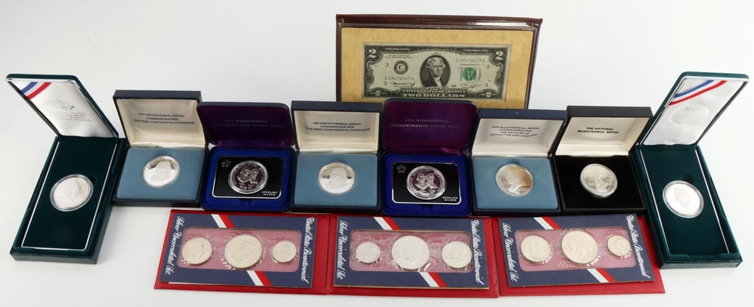 CENTENNIAL BICENTENNIAL SILVER COIN MEDAL CURRENCY: Lot includes 2 Eisenhower Centennial silver dollar coins, 2 Sterling Silver 1973 American Revolution Bicentennial Medals, 2 John Adams 1974 Bi Centennial silver medals, a 1975 Paul Revere medal, 1 The