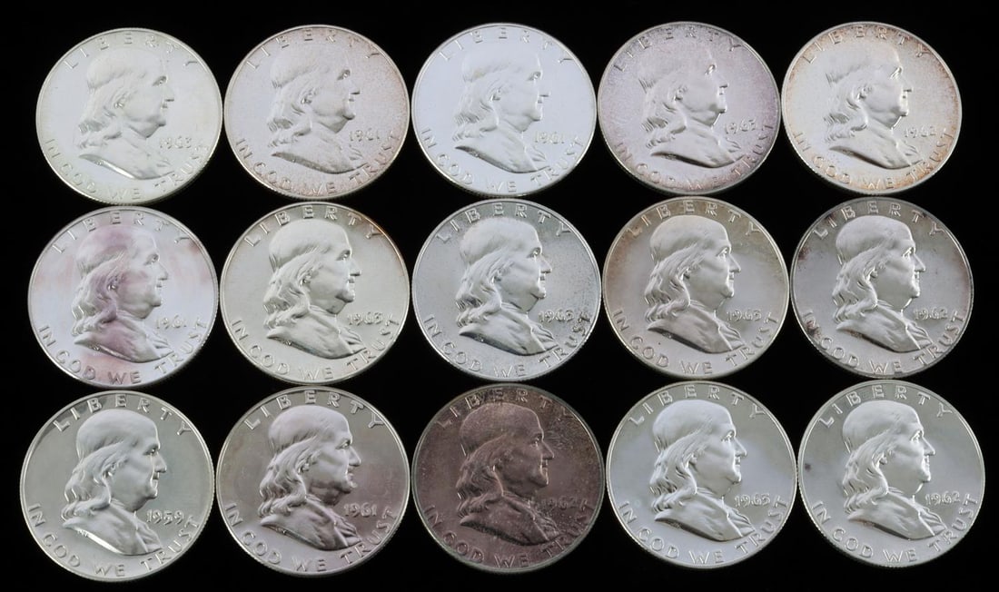 15 FRANKLIN 50C HALF DOLLAR PROOF COIN LOT: Ungraded, Proof finish Franklin silver half dollars. Face Value $7.50 This lot has a reserve.