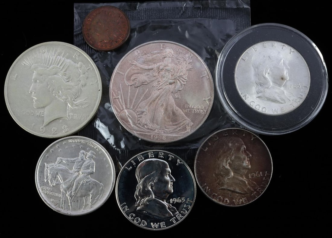 1883 INDIAN 1C FRANKLIN 50C 1996 $1 1923 PEACE $1: Coin collector lot includes a very nice uncirculated Stone Mountain, MS 63 or better Franklin Full Bell Lines, and proof 1963, also 1961. 1883 Indian Cent approx. MS RB, 1996 American Eagle sealed and