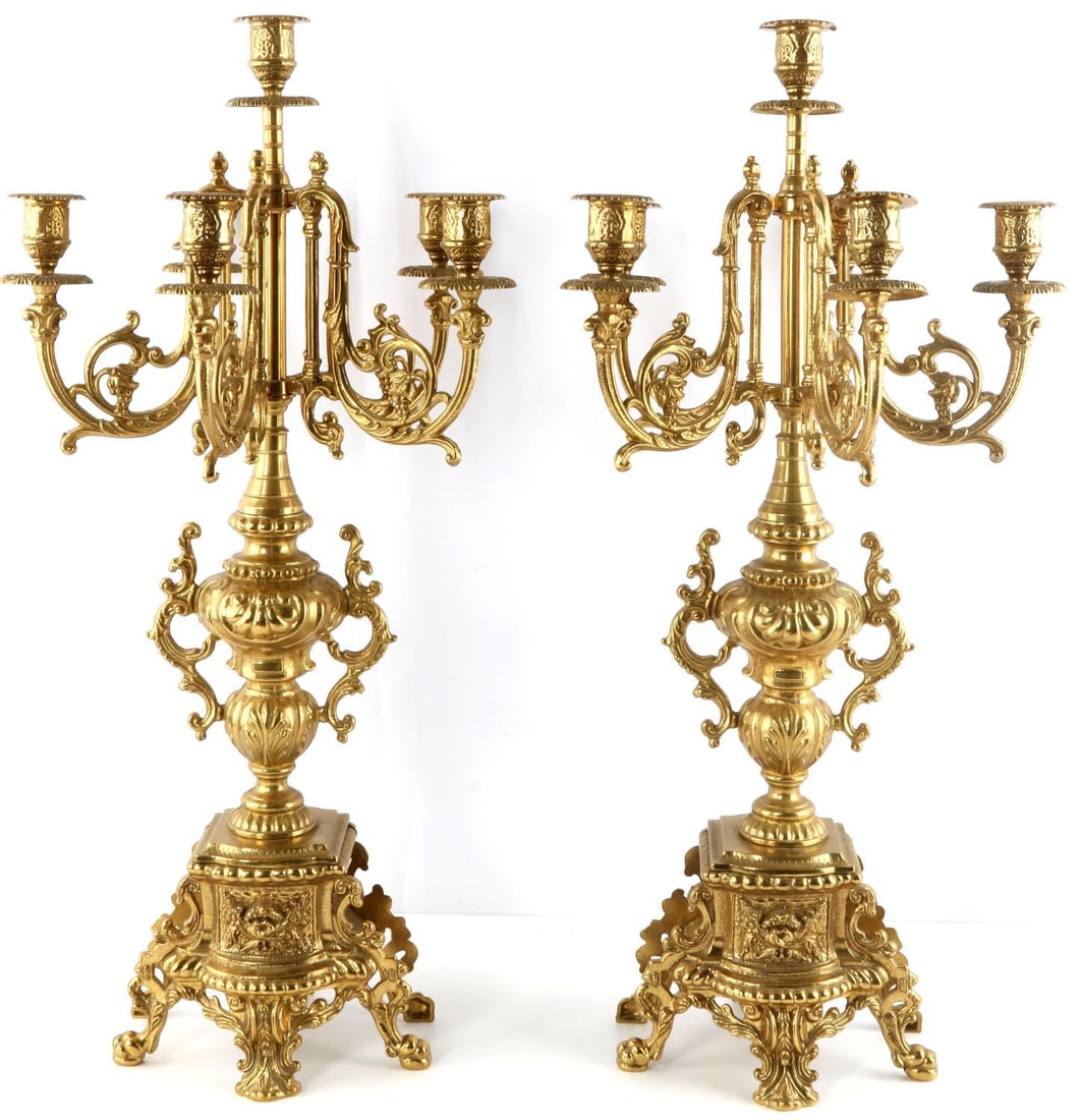 2 AUTHENTIC ITALIAN ROCCO LANCINI CANDELABRAS: 2 AUTHENTIC ITALIAN ROCCO LANCINI CANDELABRAS Set of 2 ornate brass candelabras, made in Italy by Lancini. Dimensions: 24x12x12 inches. Condition: very good