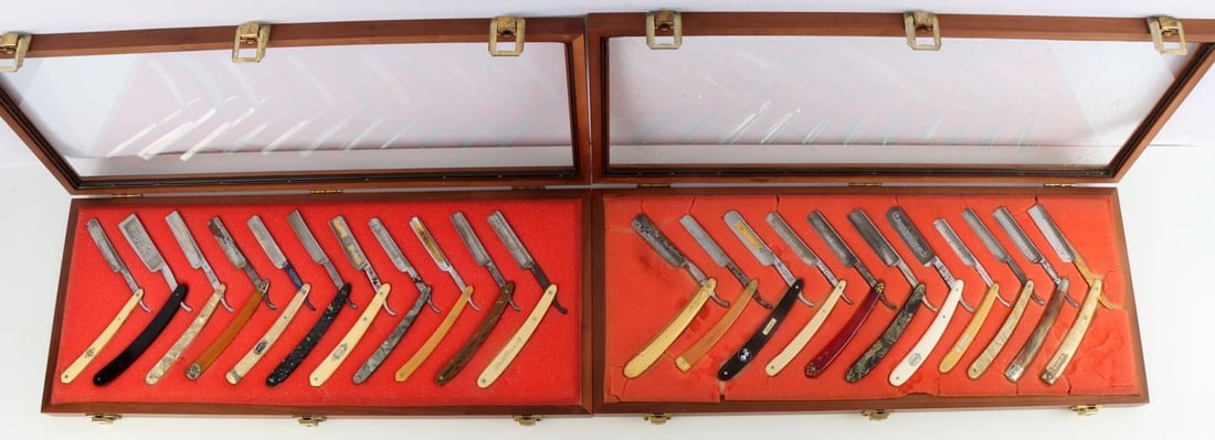 22 ANTIQUE STRAIGHT RAZOR COLLECTION: When these were placed in the wood cases they were and most still are pristine condition, some blades have very light surface rust that is removable, in addition the red foam has deteriorated leaving 