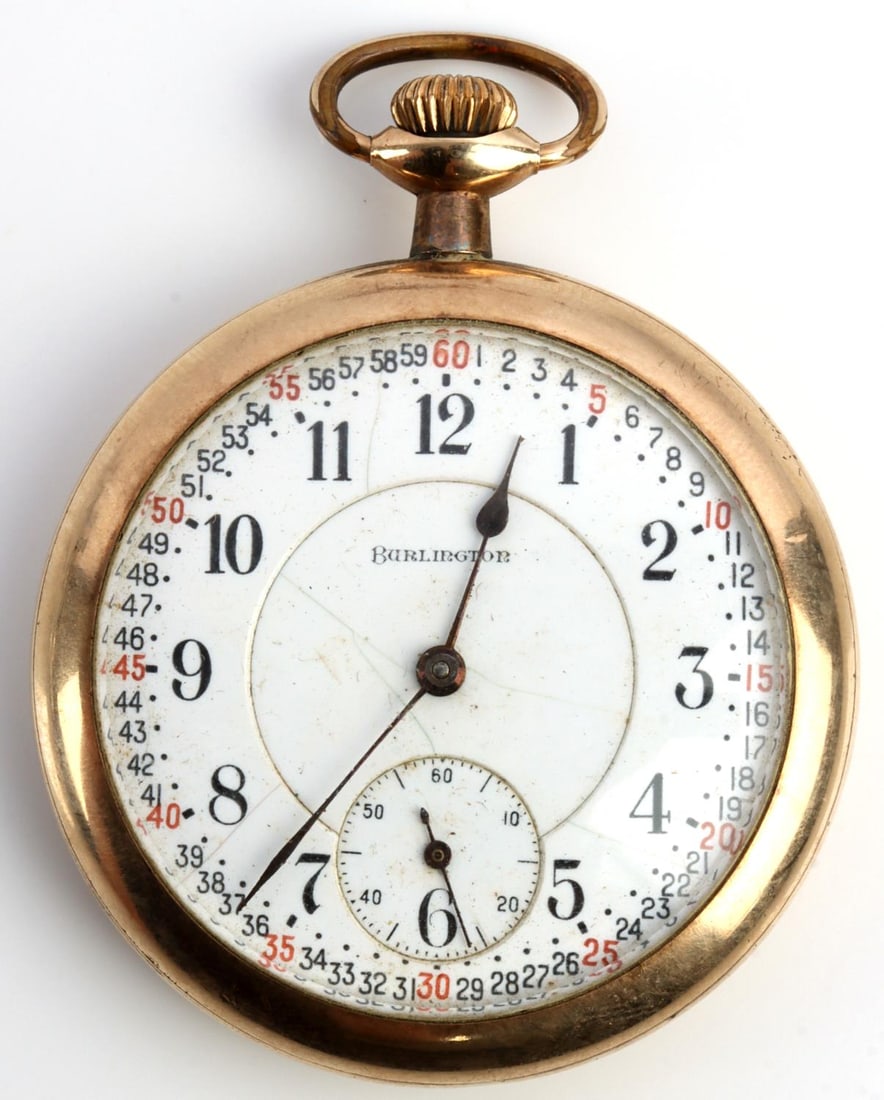 BURLINGTON RAILROAD SIZE 16 POCKETWATCH: Burlington movement S/N 3033025, screw back gold filled case with Locomotive scene, strong self starting movement , not over wound.