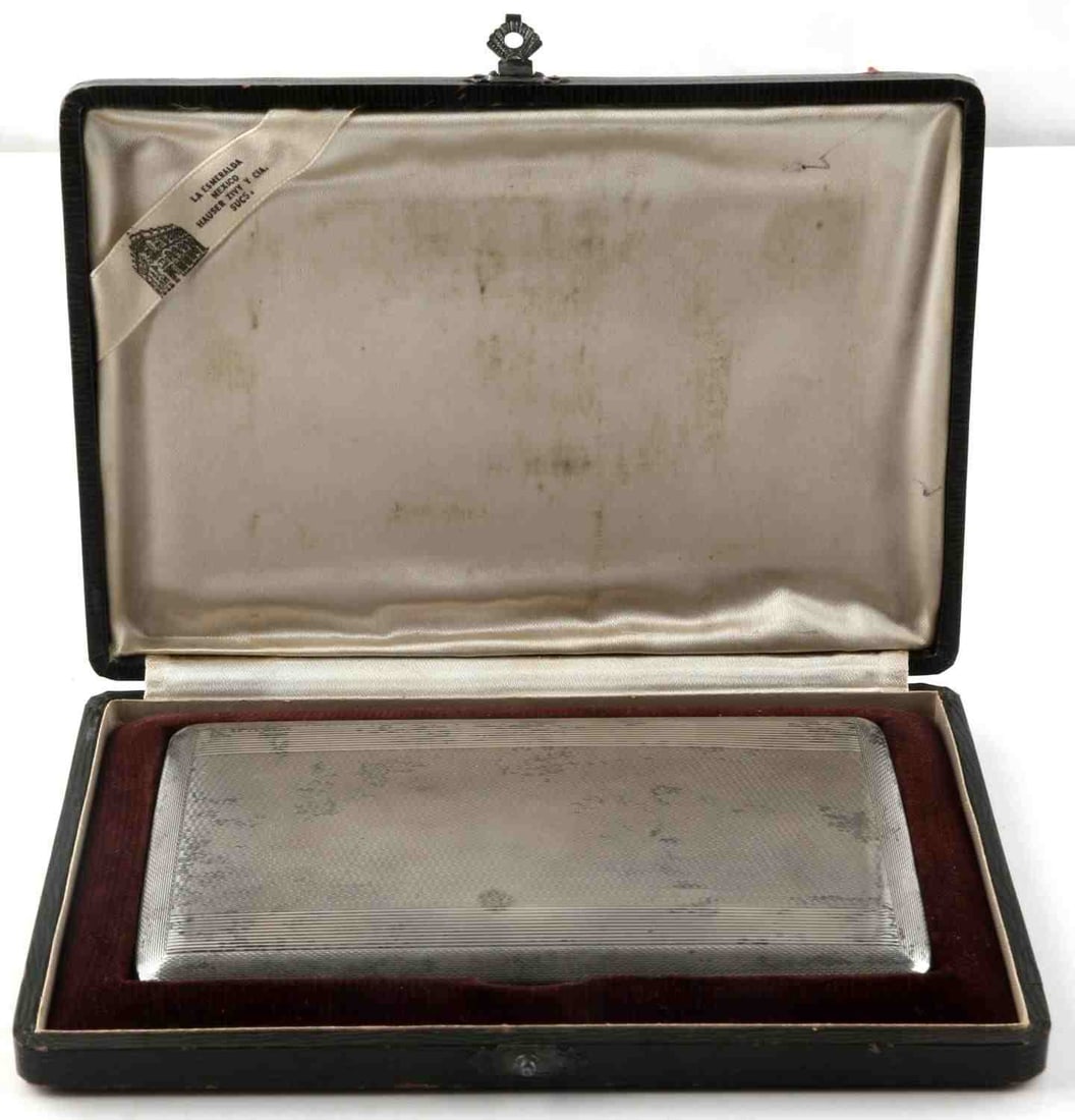 ANTIQUE STERLING SILVER CIGARETTE CASE W CASE: Antique sterling silver cigarette case with fitted case. Ribbed and checkered exterior design. Interior monogrammed for D.K. British markings for sterling silver made in London in 1946. Overall very g