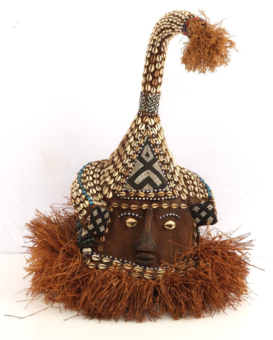 AFRICAN ROYAL KUBA MUKENGA ELEPHANT STYLE MASK: Antique, but exact age indeterminate (most likely early 20th century). Kuba Kasai Region, Congo, complete, Free of damage or repairs, superb craftsmanship, Cowri shells and beads show considerable age