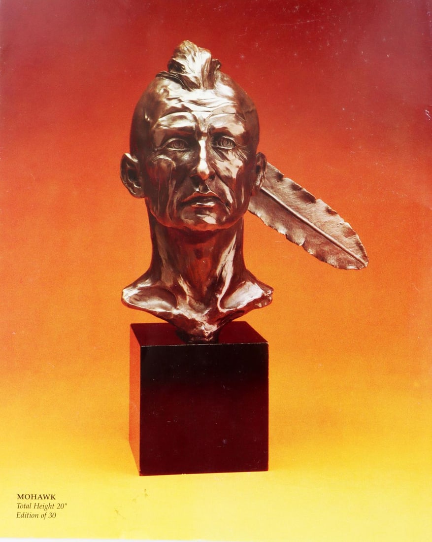JAMES GRUZALSKI BRONZE MOHAWK SCULPTURE: Limited Edition 9/30, Signed lower right, appears to have re affixed to the wood plinth, does not really detract, bronze is 15 inches with plinth 21 inches. Has accompanying brochure.