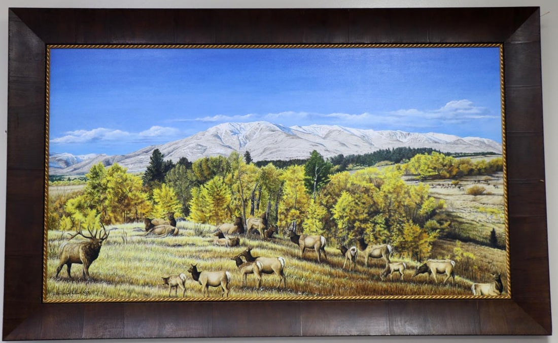 DOMINIQUE PAULUS GICLEE PIKES PEAK ELK PAINTING: Very large, framed giclee print of Pike's Peak by Dominique Paulus. Nice detail and bold, vibrant colors. Dated 2006. Very good overall condition. Dimensions: 40 X 62 inches. LOCAL PICKUP ONLY.
