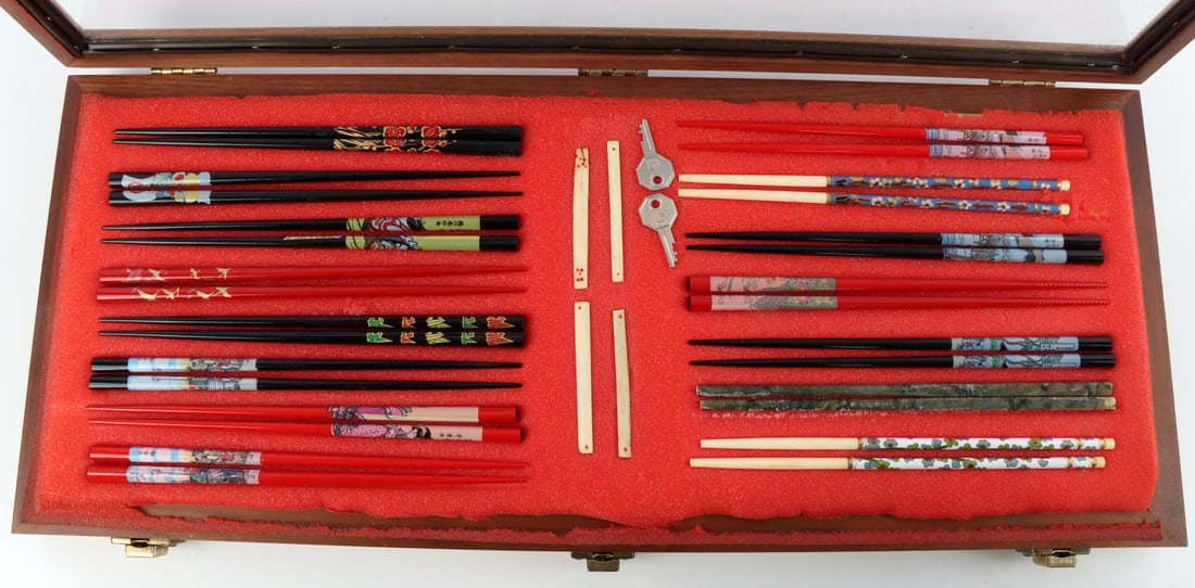 ANTIQUE JAPANESE CHOP STICK COLLECTION: Jade, enamel, 15 pairs in locking wood display case. As photographed. This lot has a reserve.
