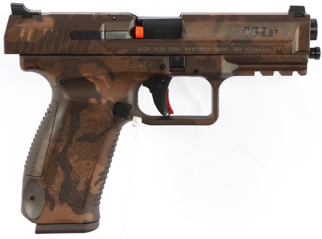 CANIK TP9SF WOODLAND MODEL 9MM SEMI AUTO PISTOL: 4.5-inch barrel. Stainless steel with woodland pattern finish. Textured grips. Includes two (2) 18-round magazines, holster, gun lock, manual, and original case. Requires FFL for transfer. No internat