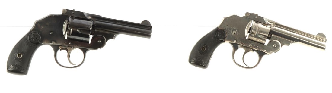 IVER JOHNSON TOPBREAK .38 S&W HAMMERLESS REVOLVERS: Lot of two (2) Iver Johnson Arms, top break, caliber. 38 S&W, hammerless double action revolvers. Top of barrel reads, "Iver Johnson's Arms & Cycle Works, Fitchburg MASS, USA." Underside of grip reads