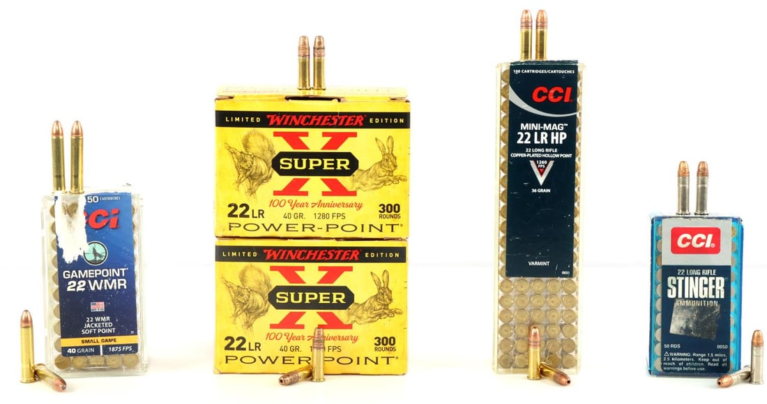 LOT OF 800 ROUNDS .22 CALIBER CCI AND WINCHESTER: CCI Stinger long rifle 50 rds, CCI Mini-Mag 100 rds, CCI Gamepoint WMR 50 rds, Winchester Super X 600 rds. Total of 800 rounds. No international shipping.