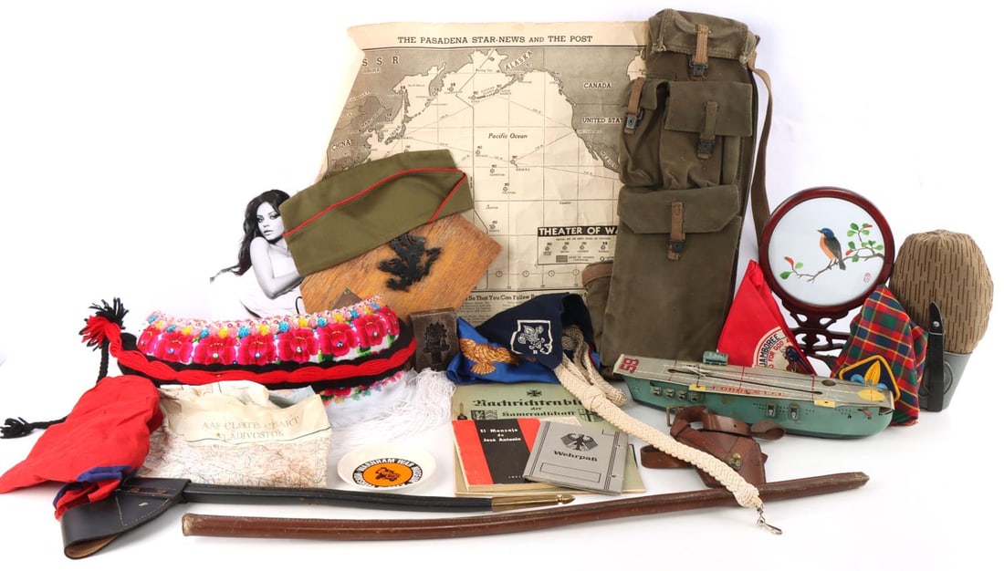 ASSORTED EPHEMERA LOT MILITARY MILA KUNIS CHINESE: General collection of military items including "Black Lions of Catigny" Longthrust VI Berlin, March-July 1963 wooden plaque, plus Warnham War Museum small plate, eagle scarf, and leather pouch (4 X 4 