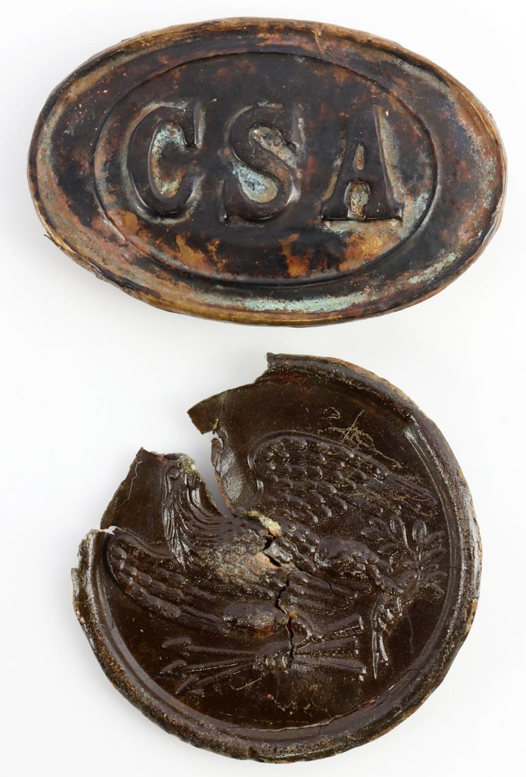 CIVIL WAR CSA BELT PLATE W LATER UNION BOX PLATE: United States Civil War Confederate States cartridge belt plate. Brass non-magnetic oval plate featuring CS to the front with puppy paw hooks. Good patination. Lead is oxidized. Measures 3 1/8 X 2 1/8