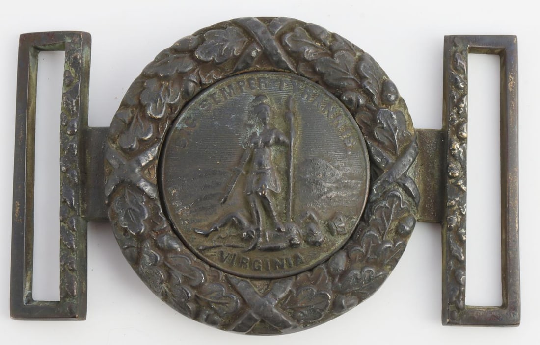 PRE CIVIL WAR CONFEDERATE VIRGINIA BELT BUCKLE: Two-piece belt buckle with Virginia state seal on the tongue and a an oak leaf wreath for the other piece. It measures 3 3/8 X 2 inches. Non-magnetic. Very good oxidation. Collection acquired from a f