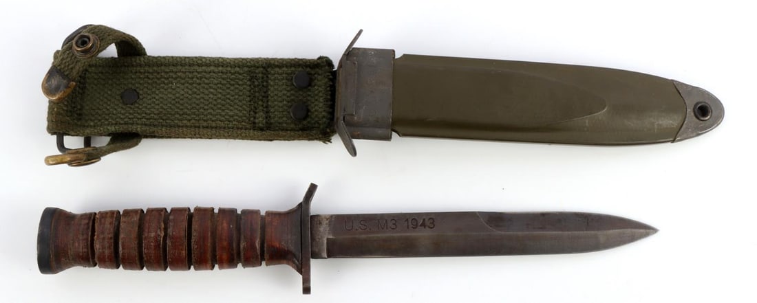 WWII US M3 1943 FIGHTING KNIFE W/ M8A1 SHEATH: WWII US M3 1943 FIGHTING KNIFE W/ M8A1 SHEATHMarked "US M3 1943" on blade. No other markings on knife. In M8A1 sheath.