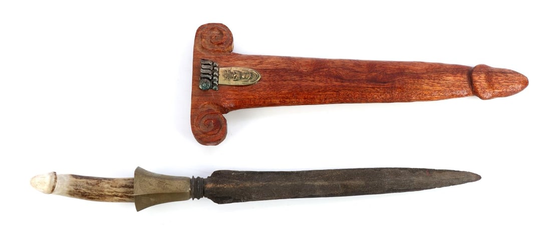 ANTIQUE TOMBAK DAGGER W PHALLIC SCABBARD AND GRIP: Steel blade with antler grip and wooden scabbard. Measures 16.5 inches altogether. Very good condition.