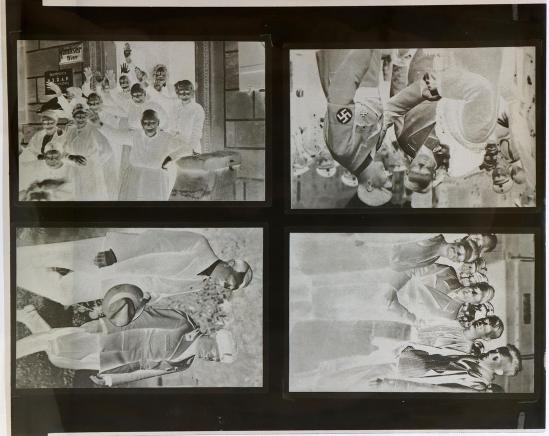 ADOLF HITLER HEINRICH HOFFMANN PHOTOGRAPH NEGATIVE: 4 different cellulose negatives of photographs taken by Heinrich Hoffman of Adolf Hitler, Benito Mussolini, the German people, and soldiers. One photo of Adolf Hitler walking with Benito Mussolini in
