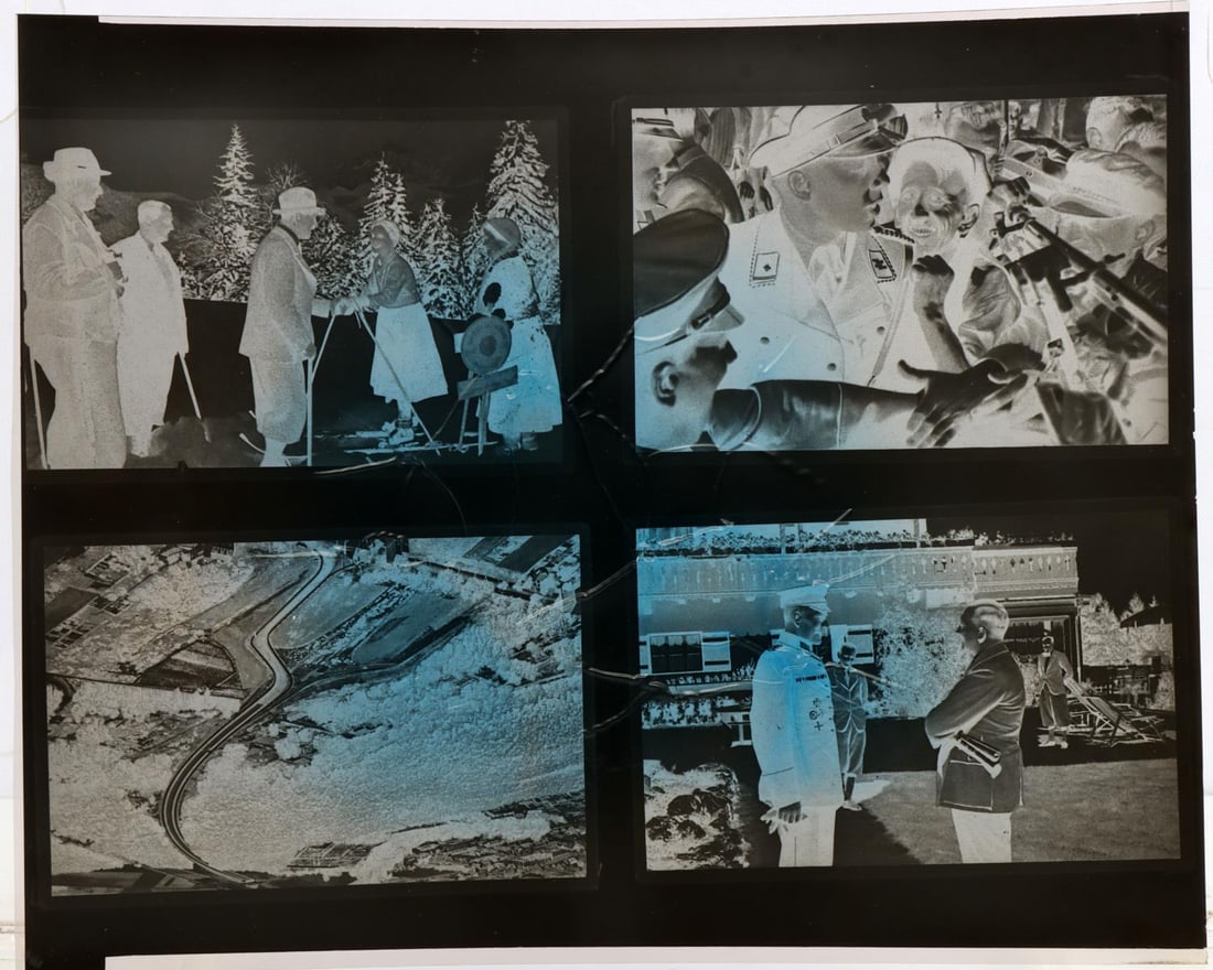 ADOLF HITLER HEINRICH HOFFMANN PHOTOGRAPH NEGATIVE: 4 different cellulose negatives of photographs taken by Heinrich Hoffman of Adolf Hitler, the German People, and landscape. One photo of Adolf Hitler meeting with one of his generals: appears to be a