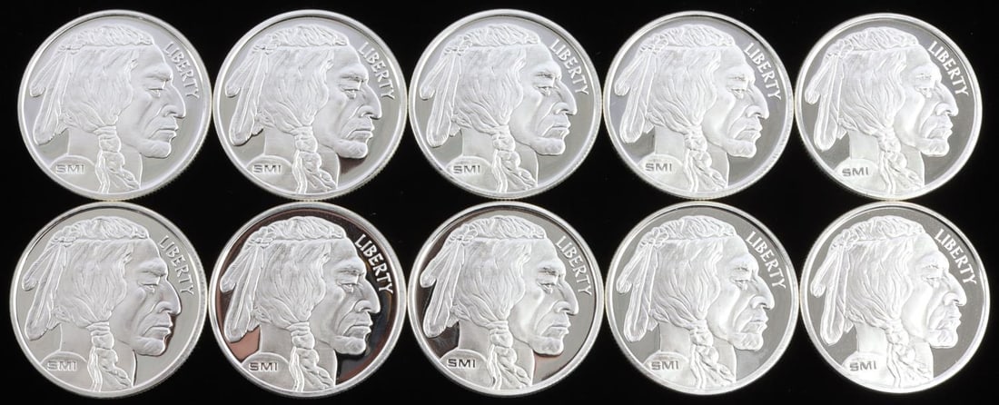 10 TROY OUNCES OF .999 SILVER BUFFALO ROUNDS: Electronically tested lot of 10 1oz. fine silver rounds This lot has a reserve.