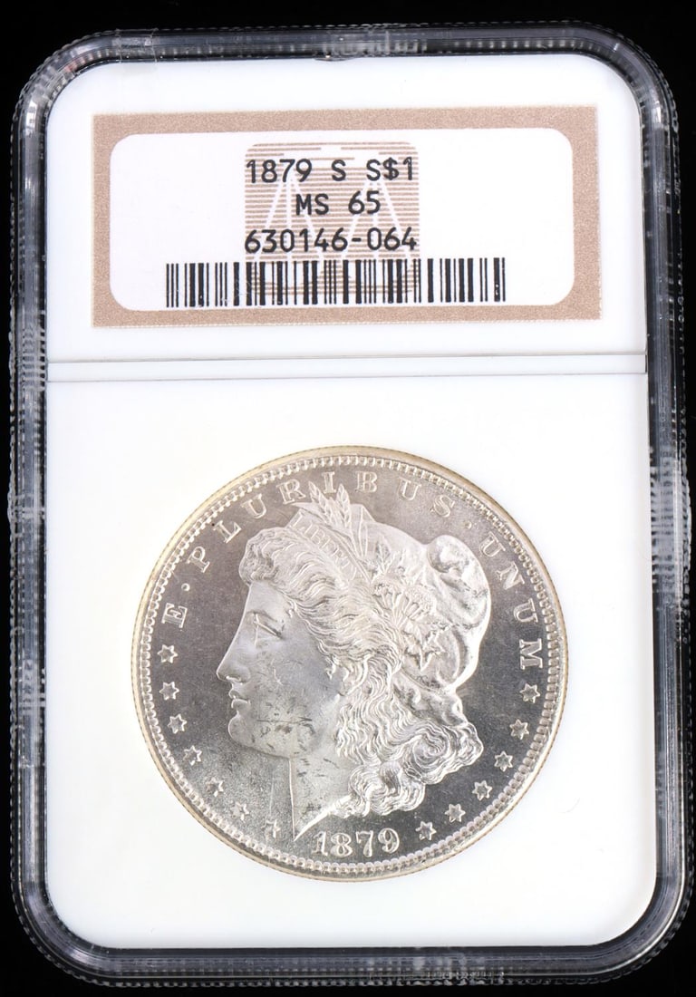 1879 S MORGAN SILVER DOLLAR NGC MS 65: NGC graded as Mint State 65 Morgan Dollar, San Francisco Mint. Coin has eye appeal and proof like qualities.